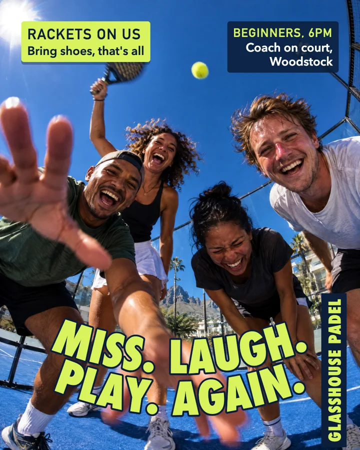 A padel club's feed ad with the line Miss, laugh, play, again