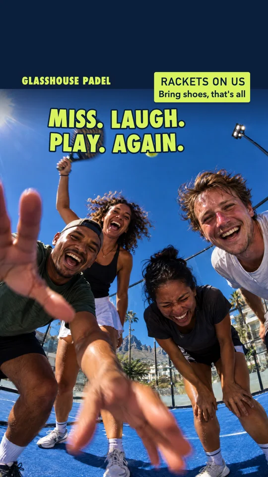 Glasshouse Padel story ad for Customer B, Miss. Laugh. Play. Again.