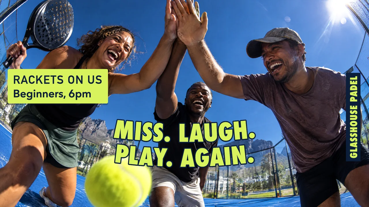 Glasshouse Padel wide ad for Customer B, Miss. Laugh. Play. Again.