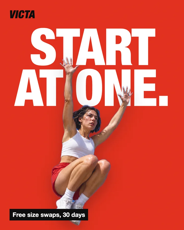 A Victa feed ad, the athlete cut out on red with the words behind her