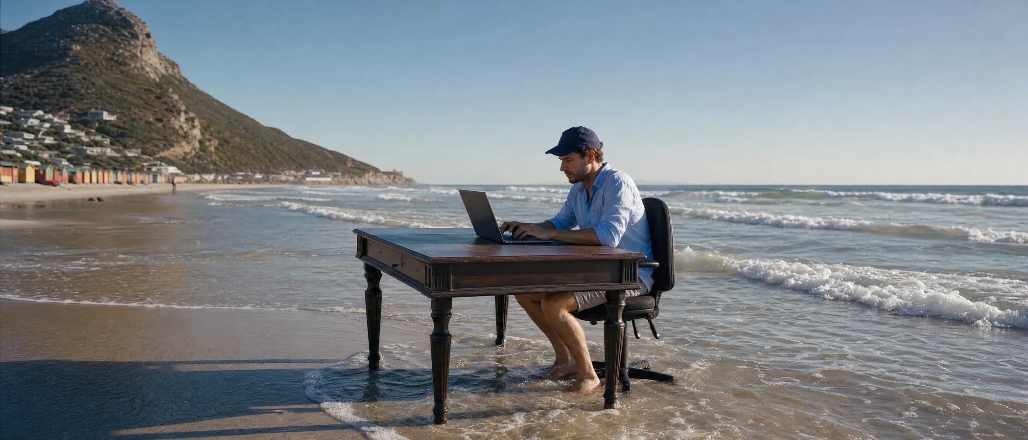 A wooden desk and an office chair standing in the shallows of a Cape Town beach, a man typing on a laptop with his feet in the water