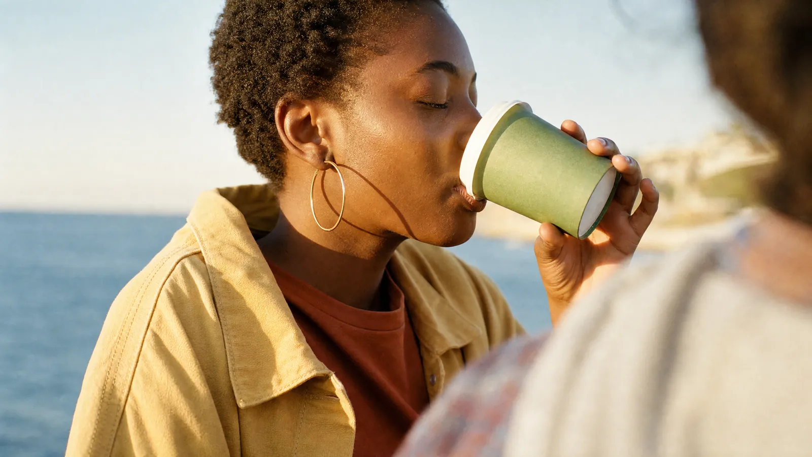 A woman with short hair and a gold hoop earring drinking from a green paper cup, the sea out of focus behind her