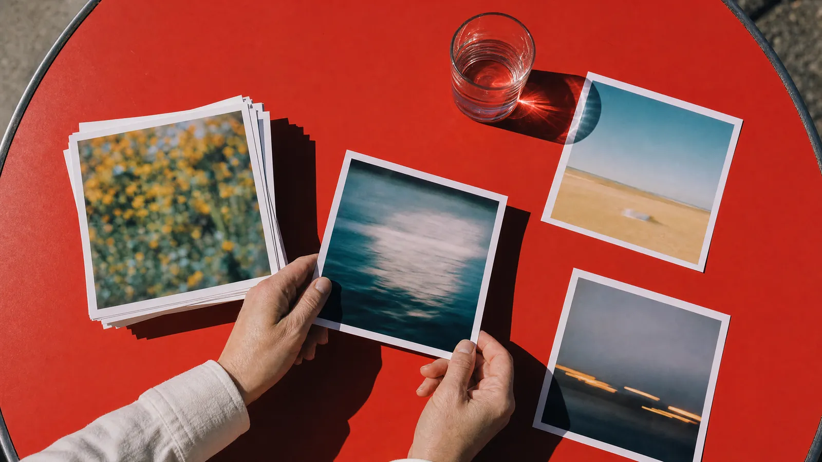 Seen from above, a fan of printed photographs on a yellow table, a hand placing the last one, an espresso beside them