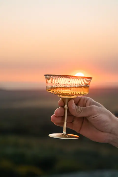 A hand holds a glass up to the setting sun