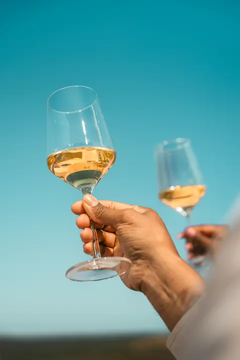 Two glasses of white wine raised against a blue sky