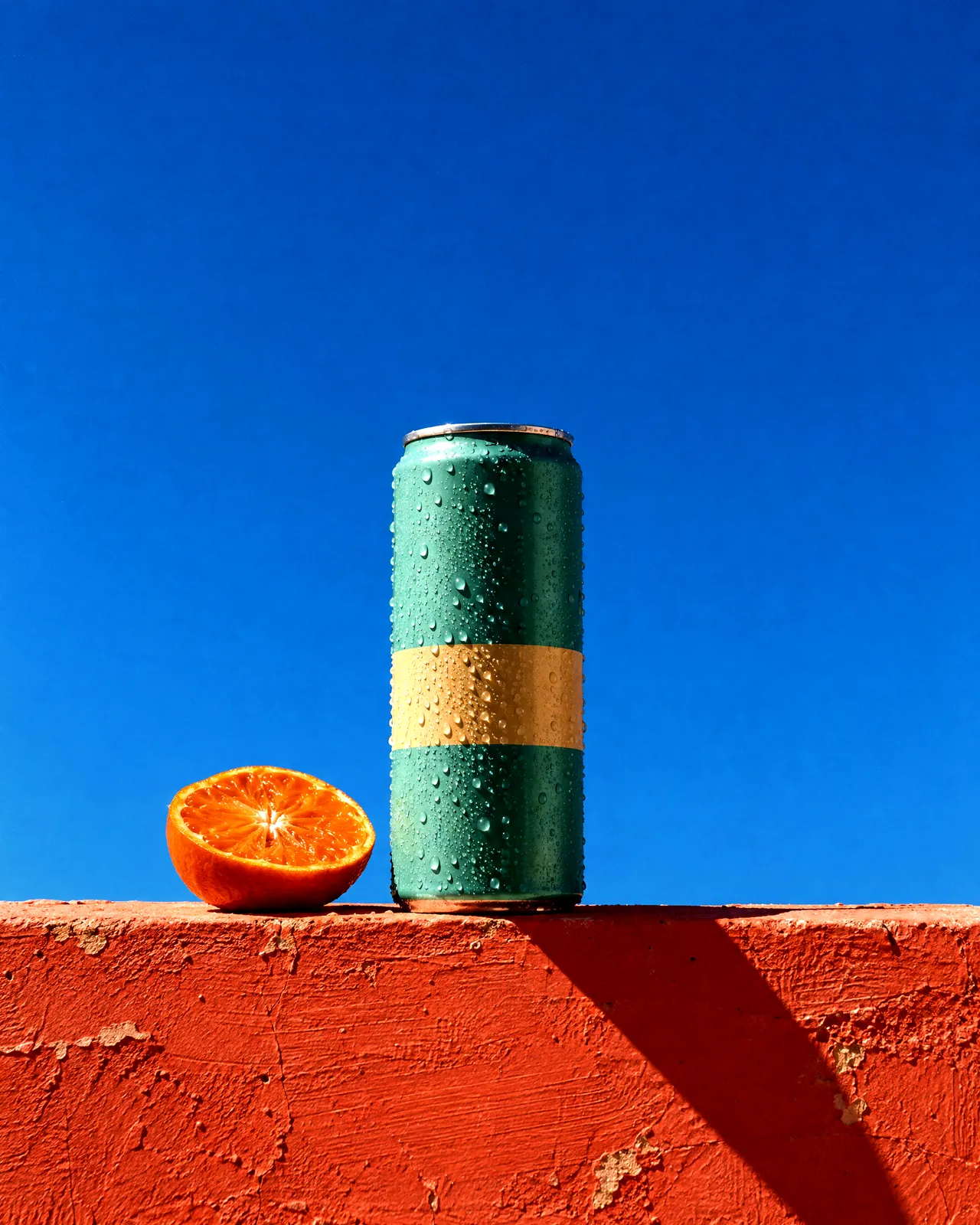 A cold can beside half an orange against a red wall under a blue sky