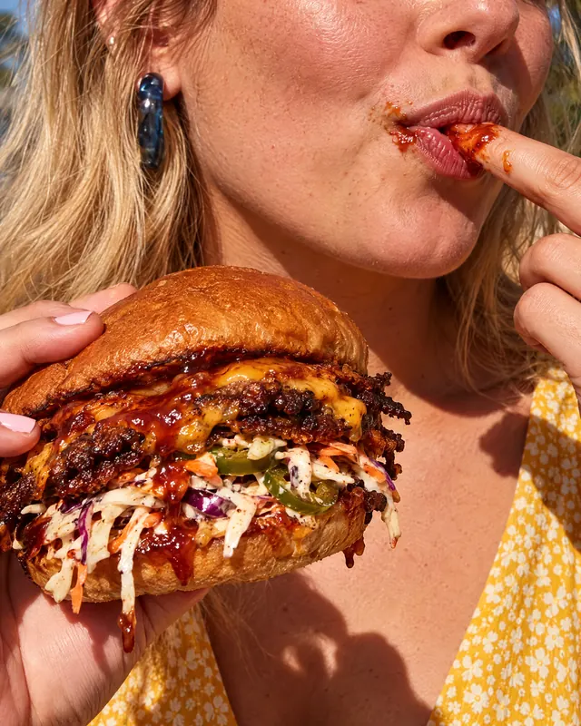 A woman licks barbecue sauce off her finger, a loaded burger in her other hand